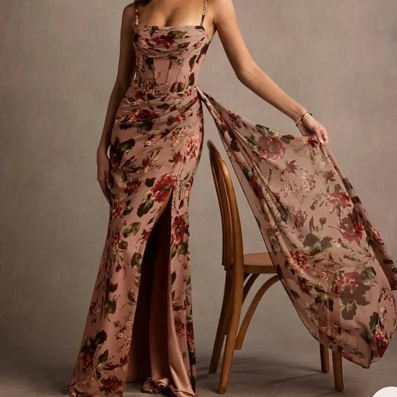 Azazie Floral Maxi Dress in Pink and Green - Picture 1 of 5